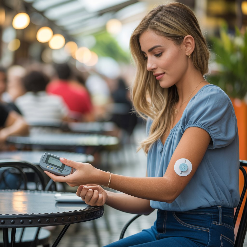Mulher com bomba de insulina